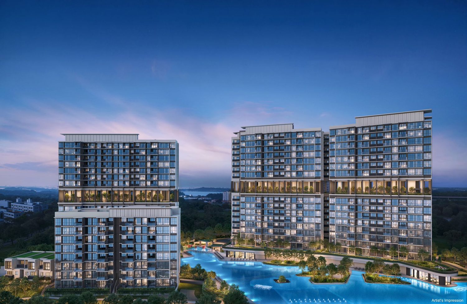 Lentor Gardens Residences — dusk aerial of the twin towers above the lagoon pool (artist's impression)